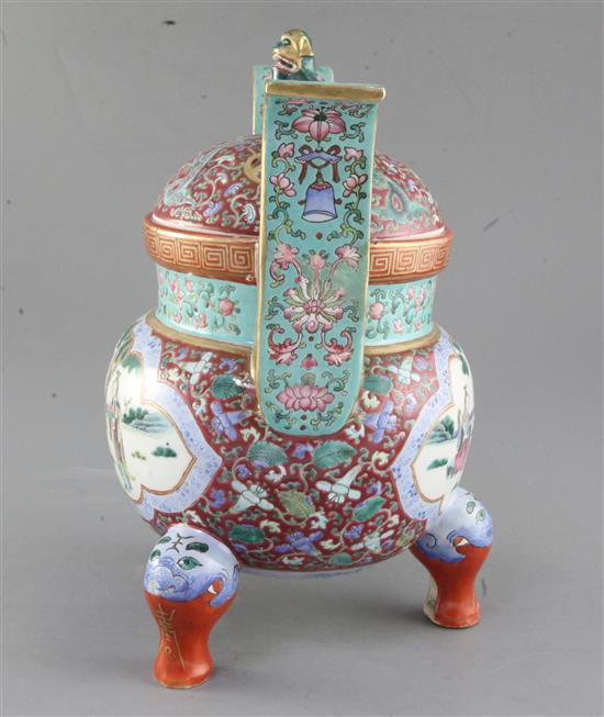 A Chinese famille rose enamelled tripod censer and cover, Qing dynasty, Jiaqing/Daoguang period, 27.5cm high, restoration